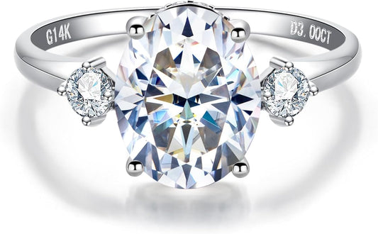 Solid 14K Gold 3.36ct Moissanite Three Stone Rings (3ct Center Stone), Round/Oval/Emerald Shape, Real Gold | D Color and Flawless Moissanite | Wedding Anniversary Ring