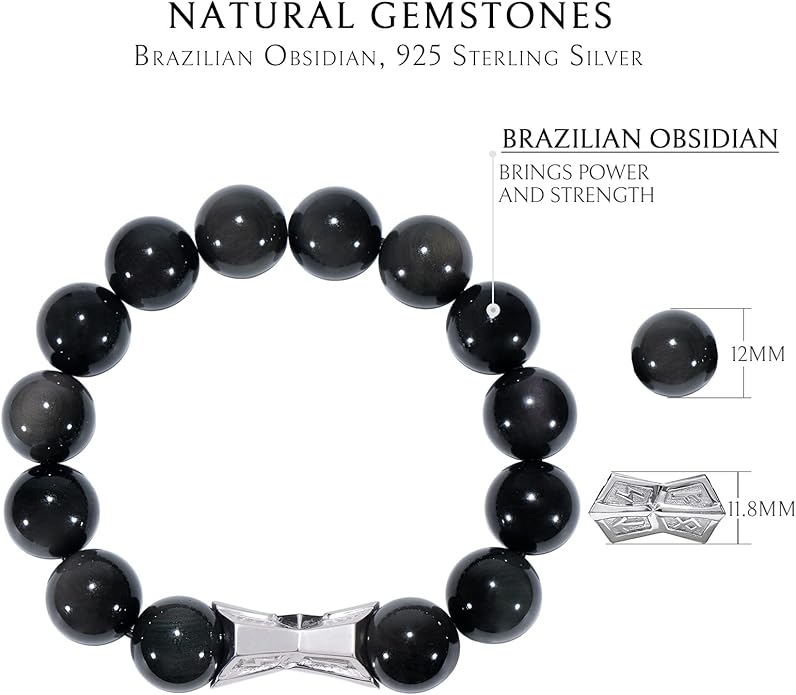 AWNL® Men's Beaded Bracelet with Sterling Silver Engraved Runes Charm 12mm Bronzite Dumortierite Obsidian Natural Gemstone Gift for Men, 6.1''-7.9''