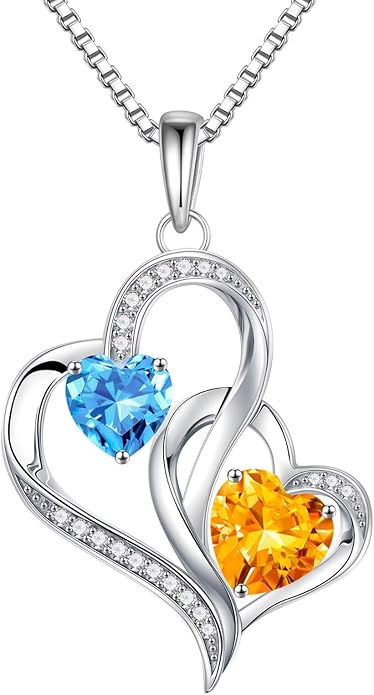 Iefil Birthstone Necklace for Women - 925 Sterling Silver Double Birthstone Heart Necklace | Anniversary Birthday Gifts for Women | Personalized Gifts | Jewelry Gifts for Wife Mom Girlfriend