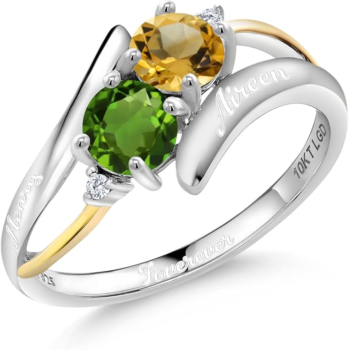 925 Sterling Silver and 10K Yellow Gold Build Your Own Customized and Personalized Engraved 2-Stone Round Birthstones and White Lab Grown Diamond Women Ring (Available In Size 5, 6, 7, 8, 9)