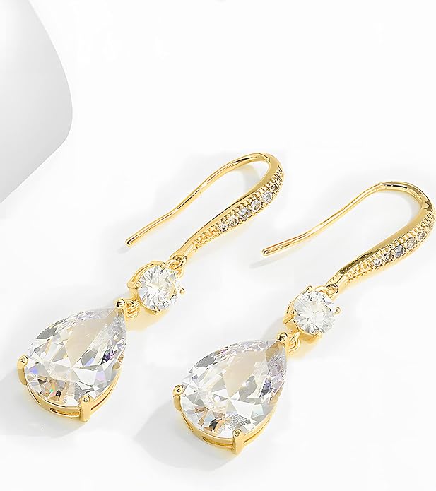 Drop Dangle Earrings for Women, Pear Cut Cubic Zirconia Long Teardrop Wedding Bridal Earrings, Silver Rose Gold Plated Copper Brass Micro Inlay CZ Gorgeous Plain Simple Fine Jewelry Gifts Box