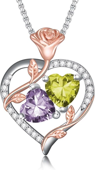 Jewelry for Her Double Heart Rose Birthstone Pendant Necklace Anniversary Jewelry Christmas Birthday Gifts for Women Wife Girlfriend