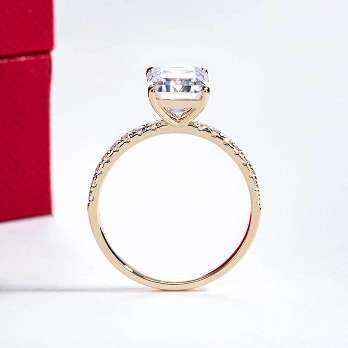 14K Solid Gold Side Stones Ring, Round/Princess Cut Centerpiece Moissanite Lab Grown Created Diamond, D Color and Flawless Real Gold Wedding Anniversary Ring