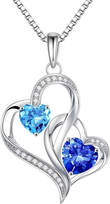 Iefil Birthstone Necklace for Women - 925 Sterling Silver Double Birthstone Heart Necklace | Anniversary Birthday Gifts for Women | Personalized Gifts | Jewelry Gifts for Wife Mom Girlfriend