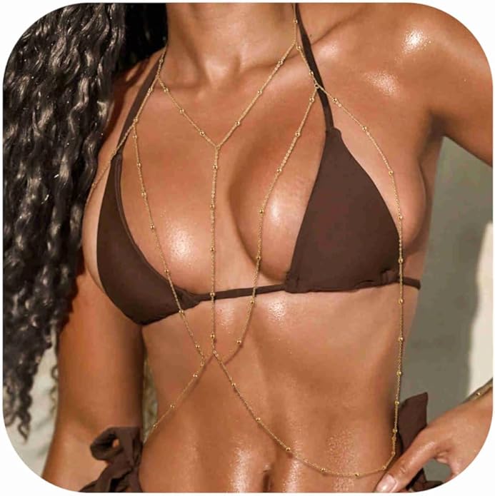 14K Gold Sexy Body Chains for Women Necklace Layered Bikini Bra Chain Crossover Belly Chain Rhinestone Summer Chest Chain Beach Prom Nightclub Body Chain Jewelry