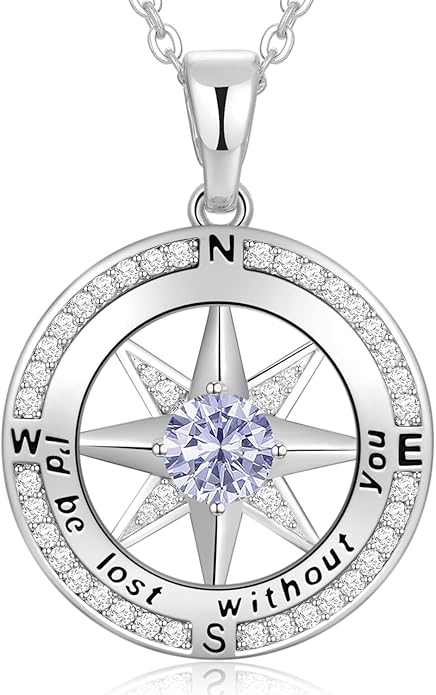 Peeshow Gifts for Women Wife-Compass Birthstone Necklace Gift for Wife Birthday Wedding Anniversary Women Jewelry for Her Girlfriend S925 Sterling Silver