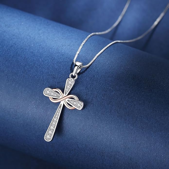 925 Sterling Silver Cross Necklace for Women Big Faith Infinity Pendant Necklace Silver Chain 18+2''