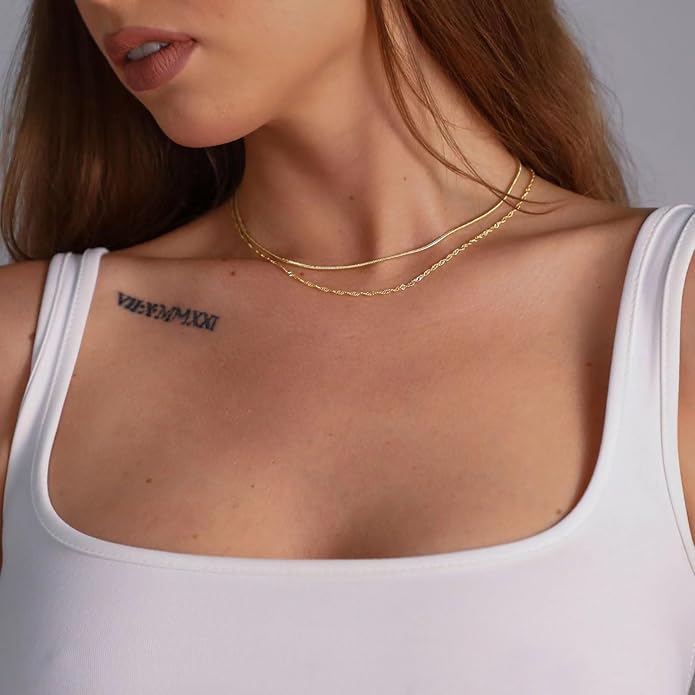 ASCOMY Layered Necklaces for Women Dainty Gold Necklace 14K Gold Plated Herringbone Necklace for Women Pearl Cross Necklace Paperclip Cuban Figaro Rope Satellite Chain Gold Choker Trendy Jewelry Gift