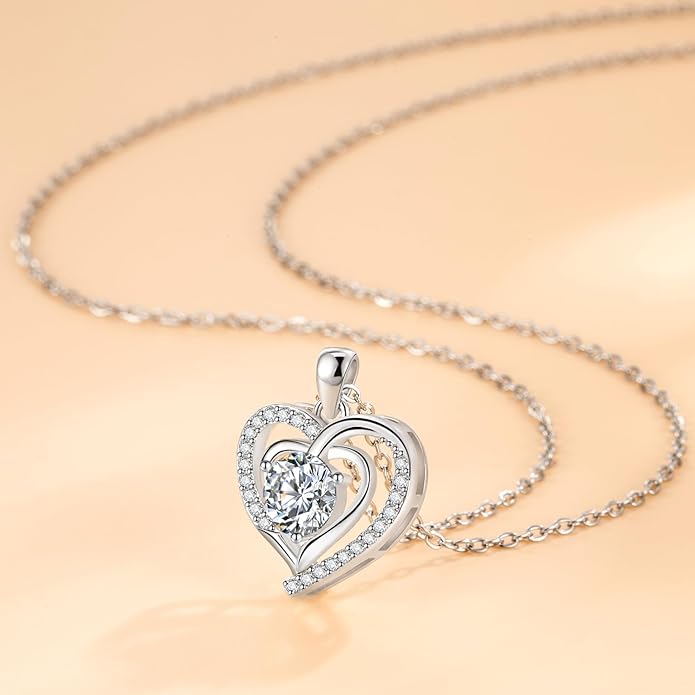 Heart Necklace, I Love You Always & Forever, Birthstone Cubic Zirconia Pendant, Gift for Women