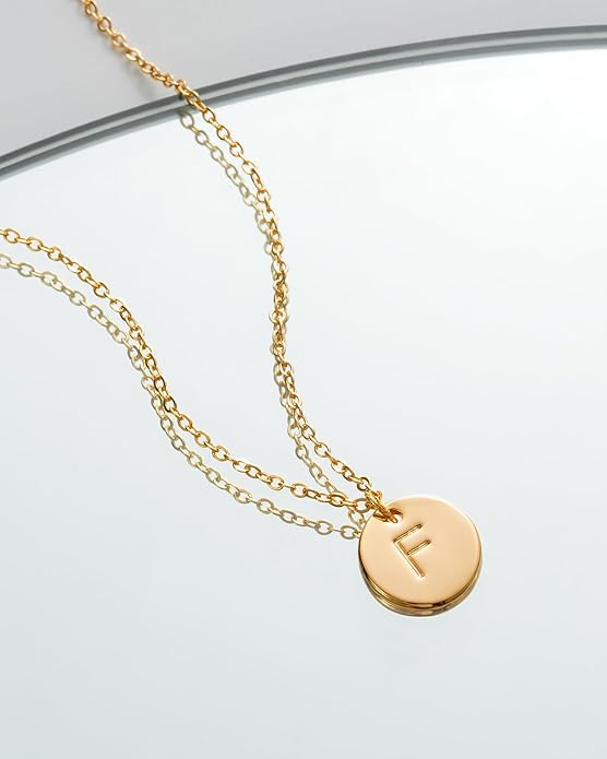 Bemoly Initial Necklace for Women Round 11MM Coin Disc Double Side Engraved Letter A-Z Hammered Pendant 14K Gold Plated Personalized Alphabet Birthday Jewelry 17.5"