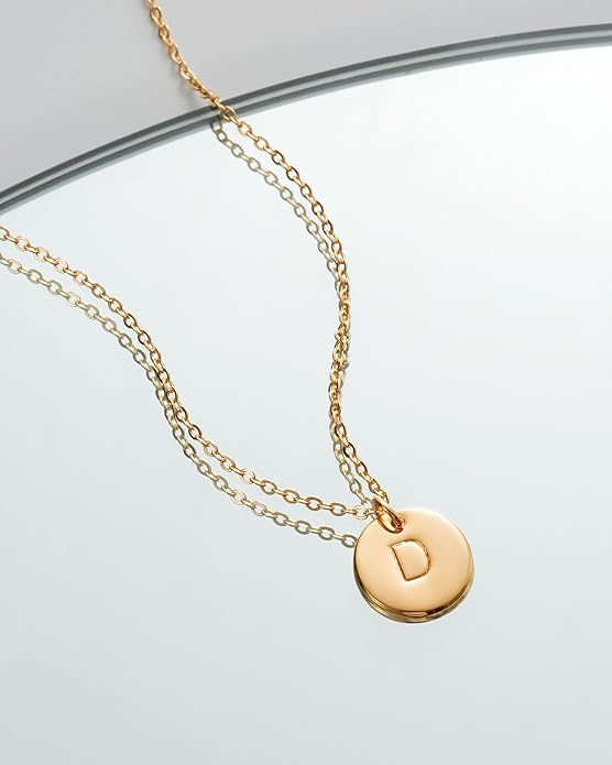 Bemoly Initial Necklace for Women Round 11MM Coin Disc Double Side Engraved Letter A-Z Hammered Pendant 14K Gold Plated Personalized Alphabet Birthday Jewelry 17.5"