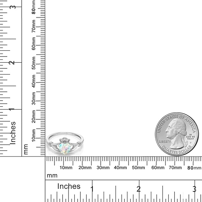 Gem Stone King 10K White Gold 6MM Heart Shape Gemstone Birthstone and White Diamond Irish Celtic Claddagh Engagement Ring | Gold Ring For Women | Available In Size 5, 6, 7, 8, 9