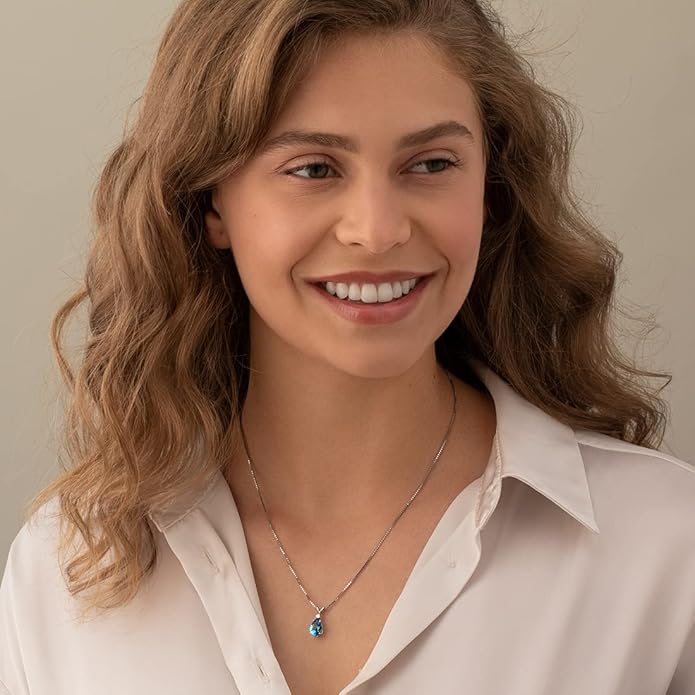 PEORA 14K White Gold Swiss Blue Topaz with Diamond Pendant for Women, Natural Gemstone Teardrop Solitaire, 2.30 Carats total Pear Shape 10x7mm, Blue Gemstone Necklace,