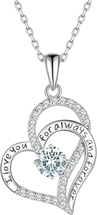 Heart Birthstone Silver Necklace for Women, S925 Sterling Silver Pendant Necklace Birthday Jewelry Gifts for Her Mother Mom Wife Girlfriend