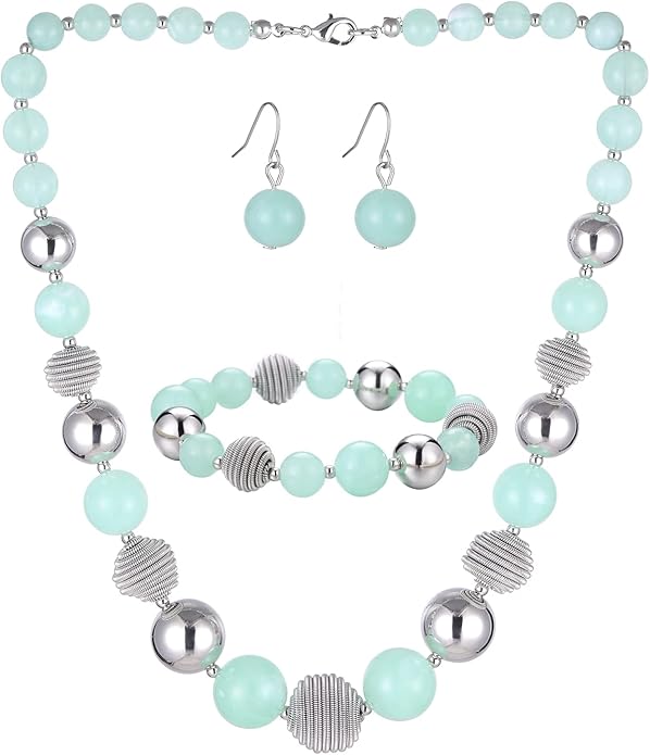 PEARL&CLUB Beaded Chunky Statement Necklace Earring and Bracelet Set Silver Metal Bead Fashion Jewelry Set Mothers’ Day Gifts for Women