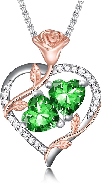 Jewelry for Her Double Heart Rose Birthstone Pendant Necklace Anniversary Jewelry Christmas Birthday Gifts for Women Wife Girlfriend