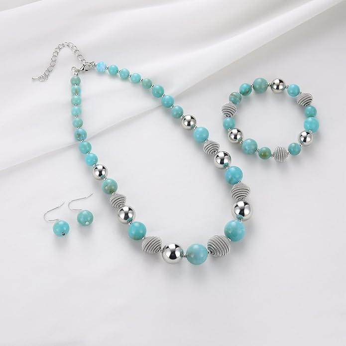 PEARL&CLUB Beaded Chunky Statement Necklace Earring and Bracelet Set Silver Metal Bead Fashion Jewelry Set Mothers’ Day Gifts for Women