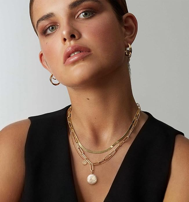 18k Gold Chain Link Necklace for Women, Baroque Pearl/Compass Pendant Necklace