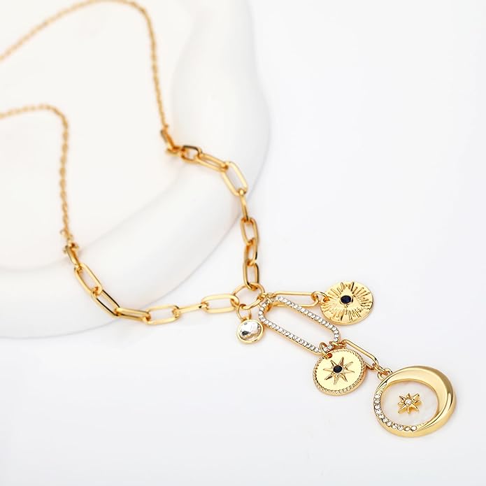 Charm Necklace for Women Gold Evil Eye Sun Moon Flower Coin Pendant Necklace Dainty Paperclip Chain Vintage Luck Amulet Choker Necklaces Celestial Jewelry Gift