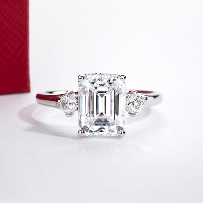 Solid 14K Gold 3.36ct Moissanite Three Stone Rings (3ct Center Stone), Round/Oval/Emerald Shape, Real Gold | D Color and Flawless Moissanite | Wedding Anniversary Ring