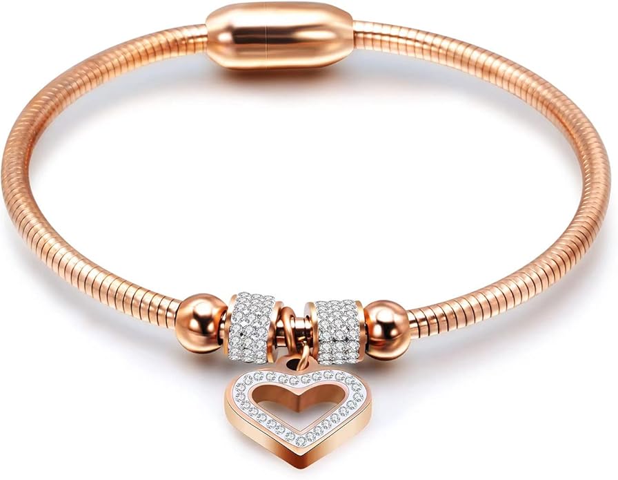 KunBead Heart Charm Birthday Bracelet Stainless Steel Love Bangle Cuff Jewelry Bracelets for Women