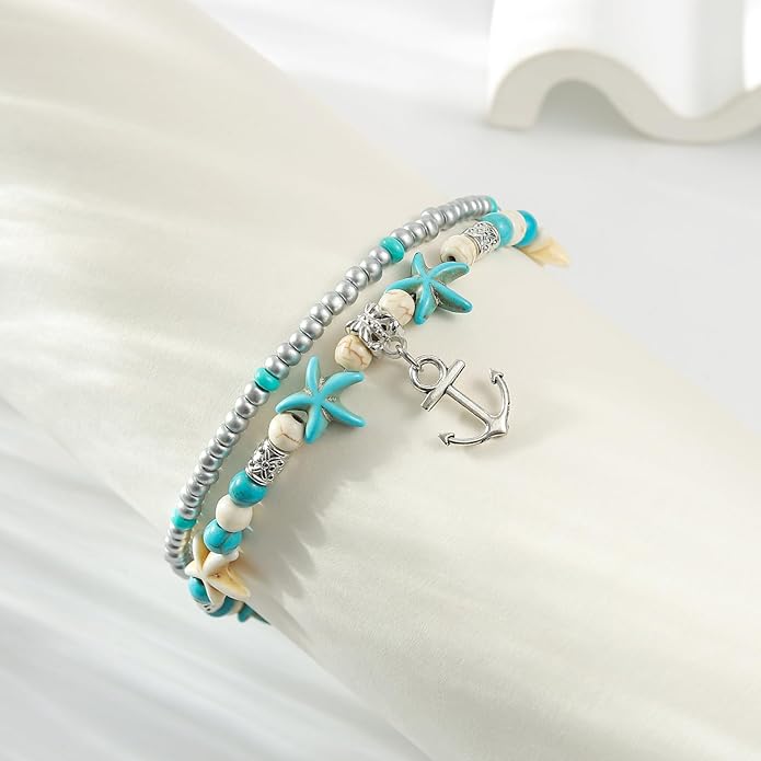 Starain Blue Turtle Anklets for Women Multilayer Beads Handmade Beach Ankle Bracelet Set Boho Foot Jewelry