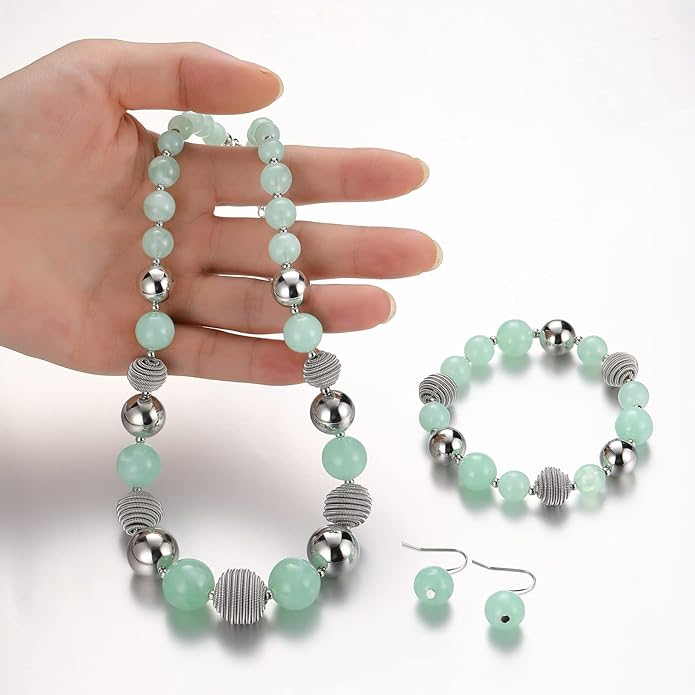 PEARL&CLUB Beaded Chunky Statement Necklace Earring and Bracelet Set Silver Metal Bead Fashion Jewelry Set Mothers’ Day Gifts for Women