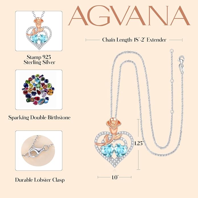 AGVANA Birthstone Necklace for Women Sterling Silver Rose Flower Heart Double Birthstone Jewelry Pendant Necklace Anniversary Birthday Gifts for Women Mom Wife Girlfriend Her