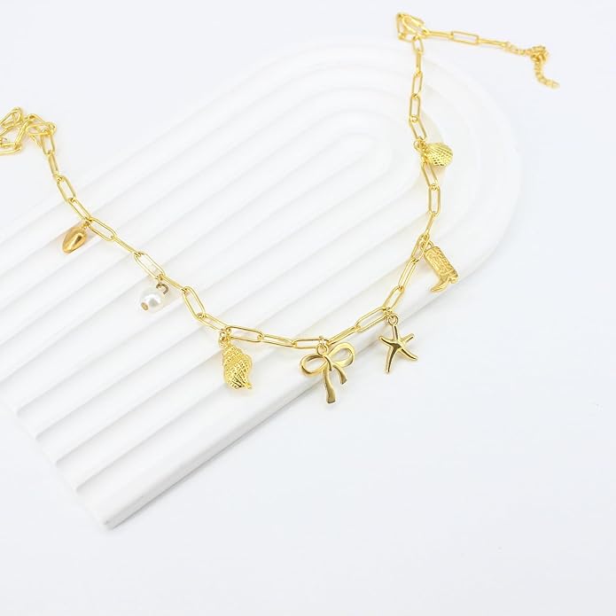 Gold Plated Paperclip Chain Beach Charm Necklace for Women Cute Shell Bow Dainty Beachy Starfish Pearl Seashell Strawberry Fruit Heart Mermaid Summer Jewelry Gift