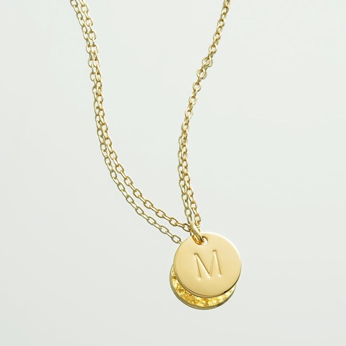 Bemoly Initial Necklace for Women Round 11MM Coin Disc Double Side Engraved Letter A-Z Hammered Pendant 14K Gold Plated Personalized Alphabet Birthday Jewelry 17.5"