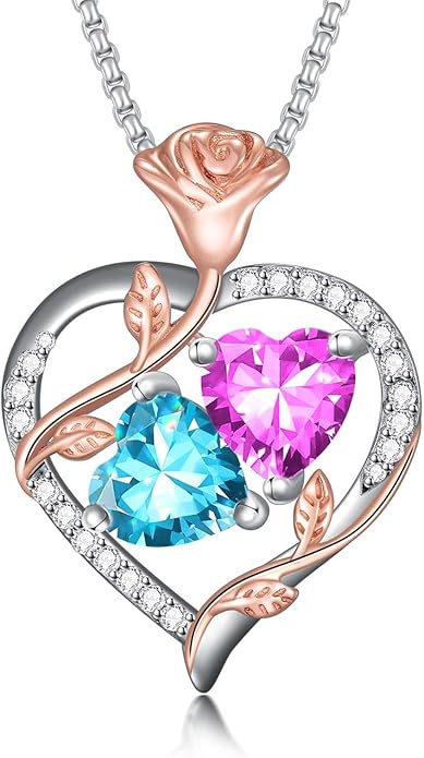Jewelry for Her Double Heart Rose Birthstone Pendant Necklace Anniversary Jewelry Christmas Birthday Gifts for Women Wife Girlfriend