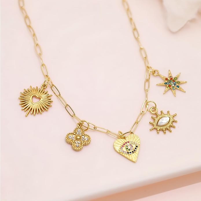 Chunky Retro Heart Necklace for Women Antique Layer Beach Ocean Moon Stars Western Boho Charm Necklaces Retro Link Chain Jewelry