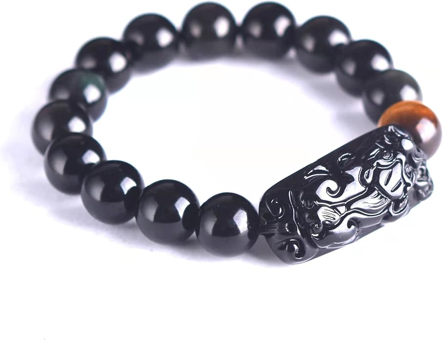 Black Obsidian Bracelet,Feng Shui Black Obsidian Wealth Bracelet for Women Men Stretch Obsidian Bracelet Bangle with Pixiu Tiger Eye Stone Attract Wealth Money and Good Luck