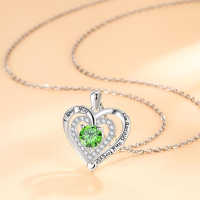 Heart Necklace, I Love You Always & Forever, Birthstone Cubic Zirconia Pendant, Gift for Women