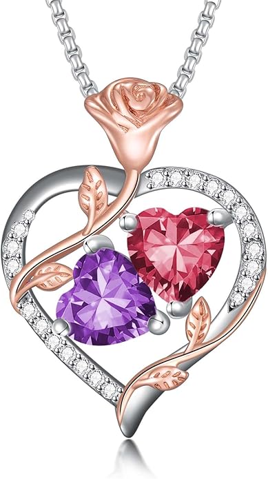 Jewelry for Her Double Heart Rose Birthstone Pendant Necklace Anniversary Jewelry Christmas Birthday Gifts for Women Wife Girlfriend