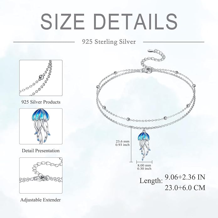 POPLYKE Jellyfish Anklet for Women Sterling Silver Double Layer Blue Ocean Anklet Sea Jewelry Gift for Summer Beach
