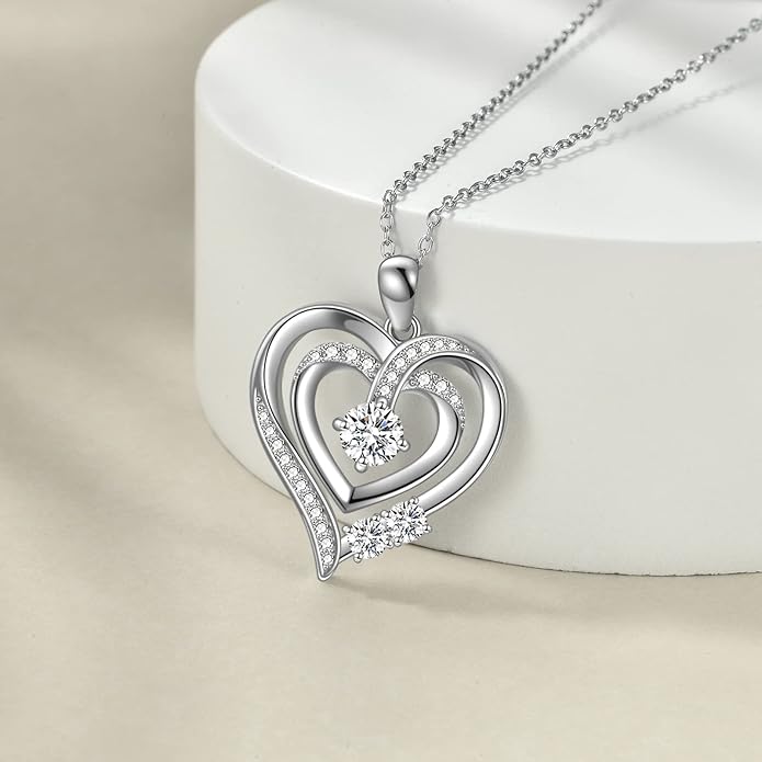 Necklace Gifts for Mom, Mother Child Moissanite Diamond Necklace, 18K White Gold Plated Silver Mother Daughter Heart Pendant Necklace for Women Mom Jewelry Gift for Her Mother Mom Grandma, 18+2 Inch