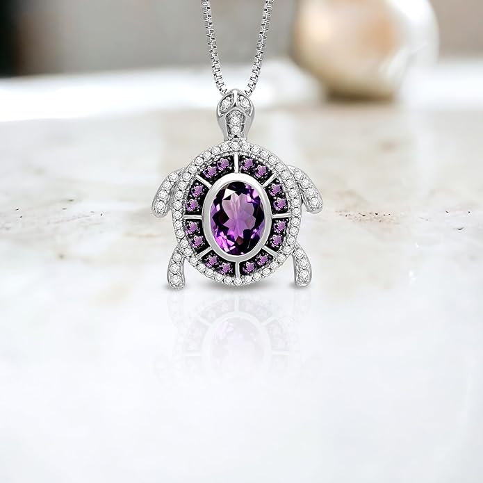 Jewelili Sterling Silver Turtle Birthstone Pendant Necklace | 7X5 MM Oval & 1.25 MM Round Cut Birthstone with Round Created White Sapphire Gemstones | 18" Box Chain | Luxury Jewelry Gift for Her | Gift Box Included