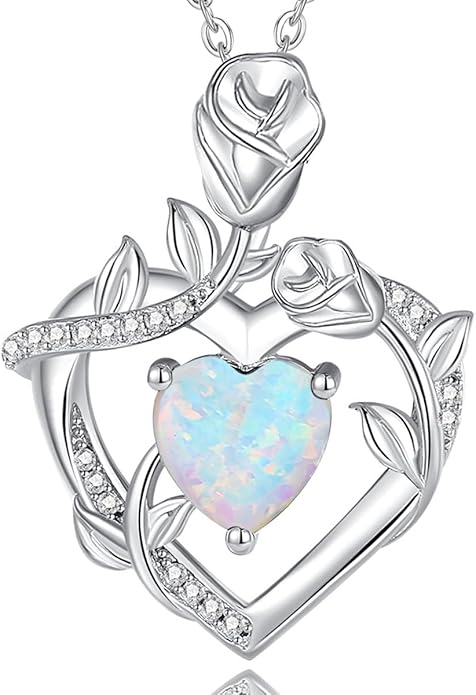 AGVANA Rose Birthstone Necklace for Women Sterling Silver Rose Flower Heart Necklace Fine Jewelry Anniversary Birthday Gifts for Women Wife Mom Her, Length: 18"+2"