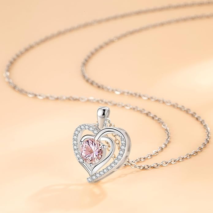 Heart Necklace, I Love You Always & Forever, Birthstone Cubic Zirconia Pendant, Gift for Women