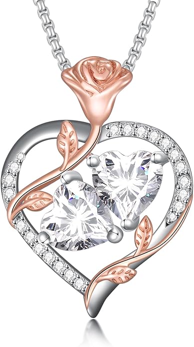 Jewelry for Her Double Heart Rose Birthstone Pendant Necklace Anniversary Jewelry Christmas Birthday Gifts for Women Wife Girlfriend
