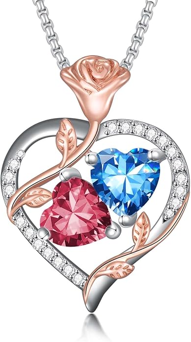 Jewelry for Her Double Heart Rose Birthstone Pendant Necklace Anniversary Jewelry Christmas Birthday Gifts for Women Wife Girlfriend