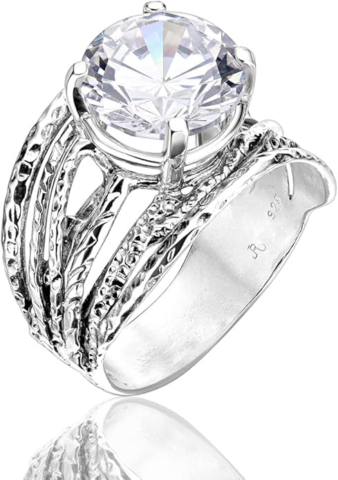 JEAN RACHEL JEWELRY 925 Sterling Silver Ring - Wrap Vintage Design with Prong Set Round Cubic Zirconia - Hypoallergenic, Lead & Nickel Free - Artisan Handcrafted Statement Rings for Women