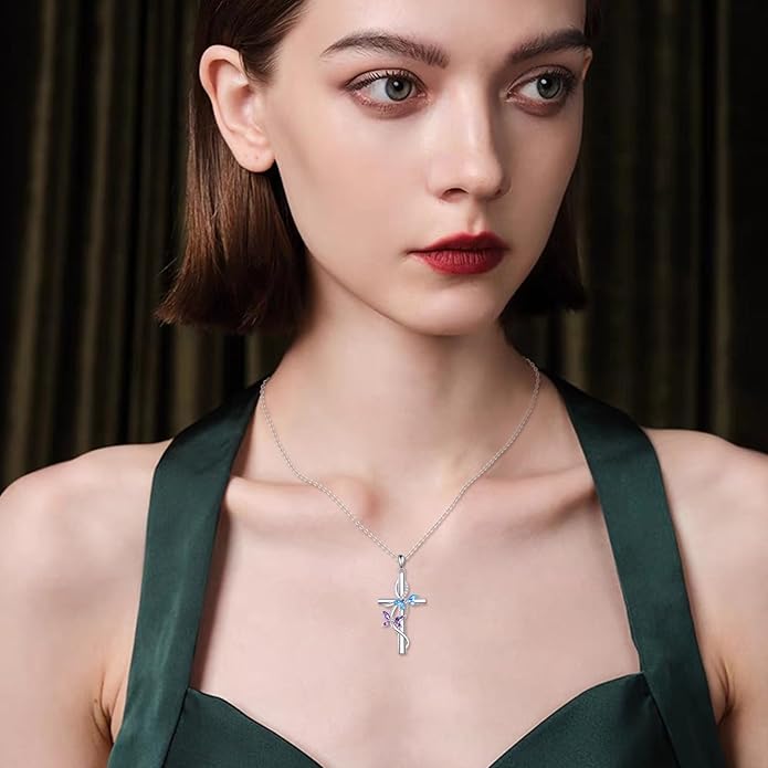 Flower Cross Necklace 925 Sterling Silver Carnation/Rose/Lily/Daisy Cross Necklace Birth Flower Jewelry for Women