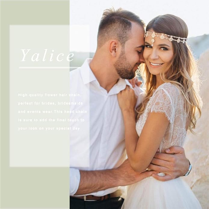 Yalice Indian Flower Head Chain Jewelry Gold Crystal Headband Elastic Goddess Headpieces Rhinestone Wedding Hair Chain Jewelry for Women(Gold-1)