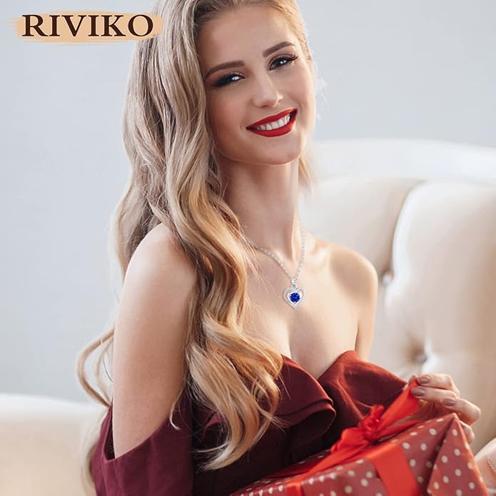 RIVIKO Heart Birthstone Pendant Necklace for Women 925 Sterling Silver Zirconia Necklaces Wedding Anniversary Birthday Mothers Day Jewelry Gifts For Her Mother Wife