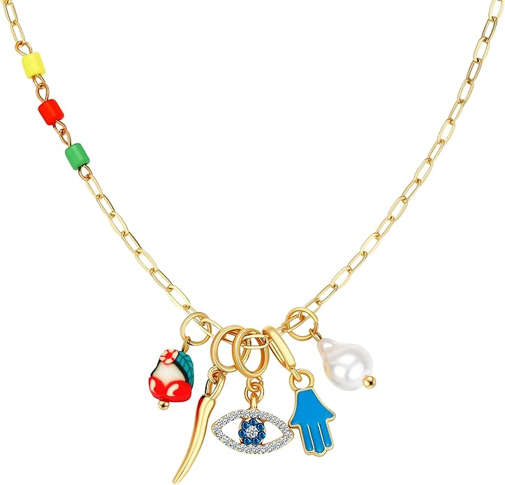 Charm Necklace for Women Gold Evil Eye Sun Moon Flower Coin Pendant Necklace Dainty Paperclip Chain Vintage Luck Amulet Choker Necklaces Celestial Jewelry Gift