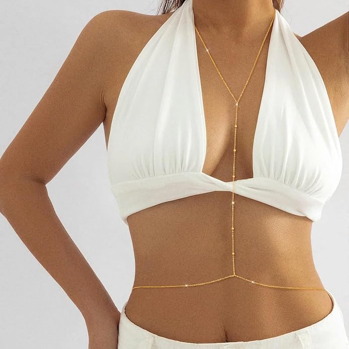 BERISO 14K Gold Plated Body Chain for Women - Sexy Waist Beads Chain, Adjustable Beach Body Jewelry, Elegant Bikini Belly Chain, Boho Festival Layered Body Jewelry (26.5-33 Inch)