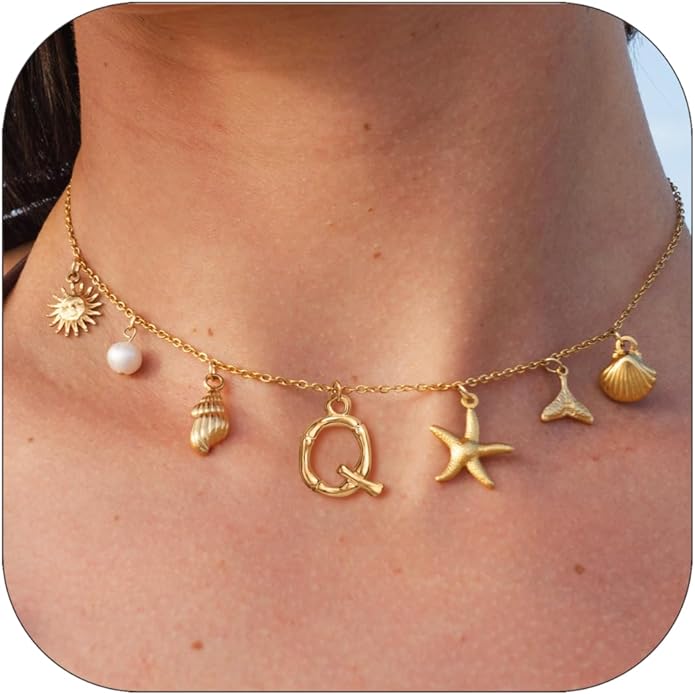 Initial Charm Necklace For Women Shell Letter Necklaces Gold Charms Pendant Boho Summer Seashell Beach 14k Starfish Surfer Jewelry Gifts