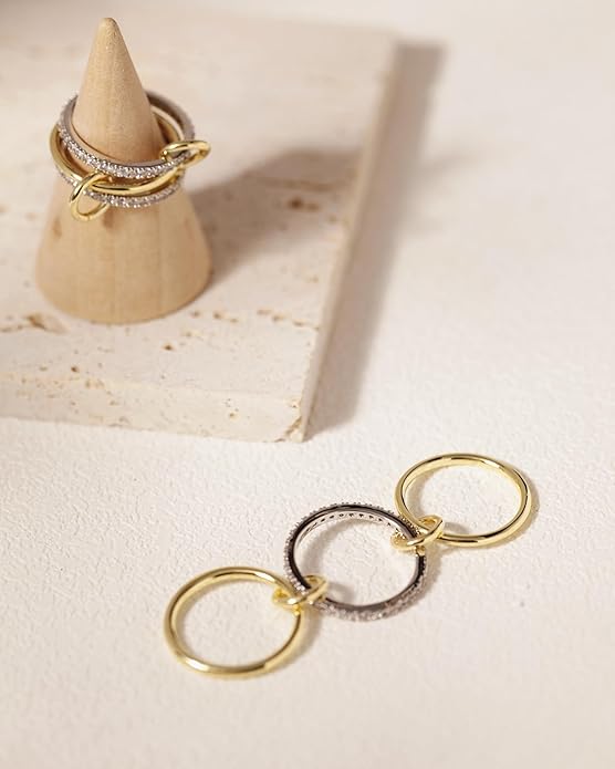 TLY Stackable Gold Rings for Women Non Tarnish 18K Gold Plated Interlocking Ring Stack Set Gold Silver Mixed Metal Statement Rings Dainty Cubic Zirconia CZ Fashion Connected Band Thumb Ring Size 4-11 Jewelry Gift for Women